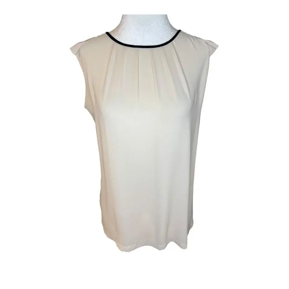 LOFT Women's XS Cream Sleeveless Blouse Top Black Trim Career Casual